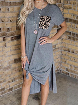Women's Tee Shirt Midi-Length Dress - Leopard Print Pocket / Knotted Hemline